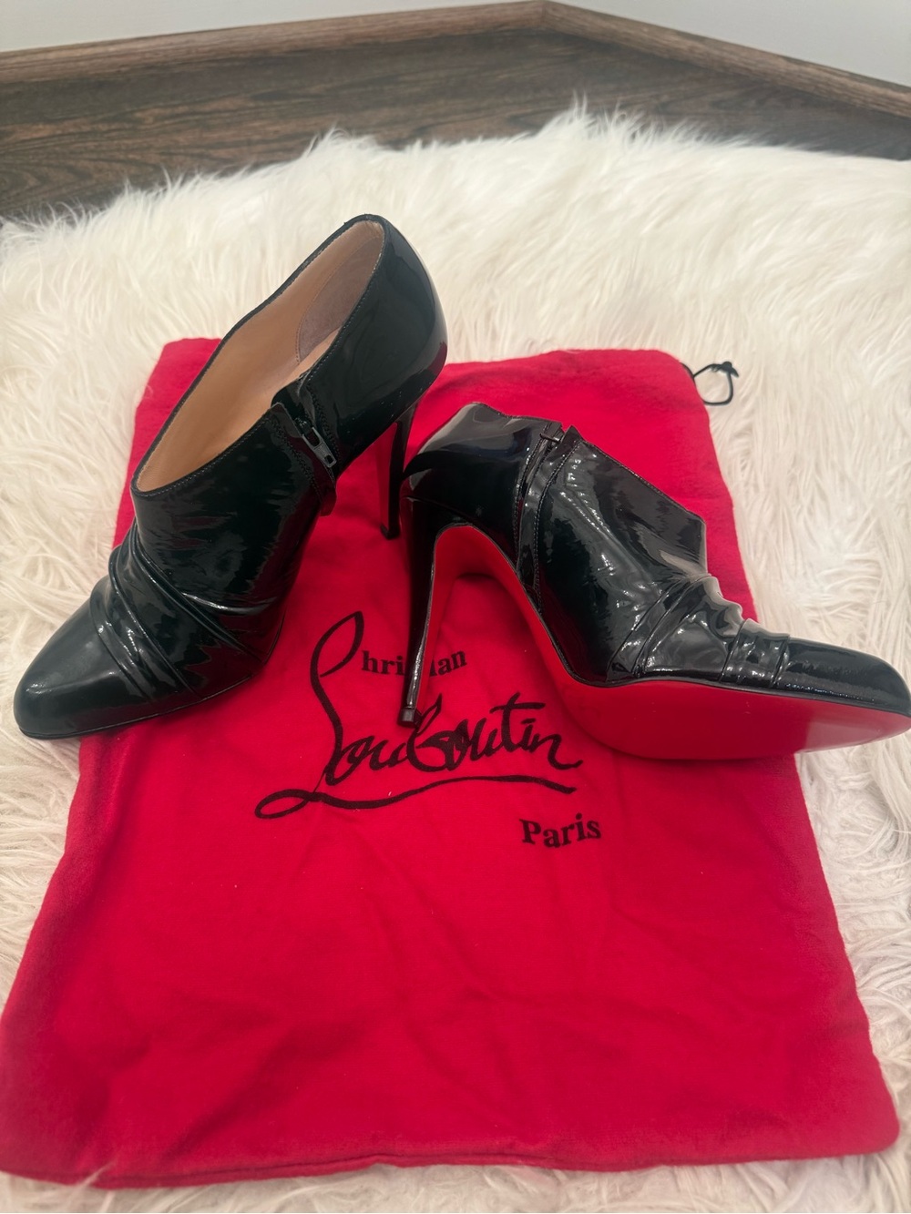 Christian Louboutin Black Patent Leather Red Sole Stiletto Booties
